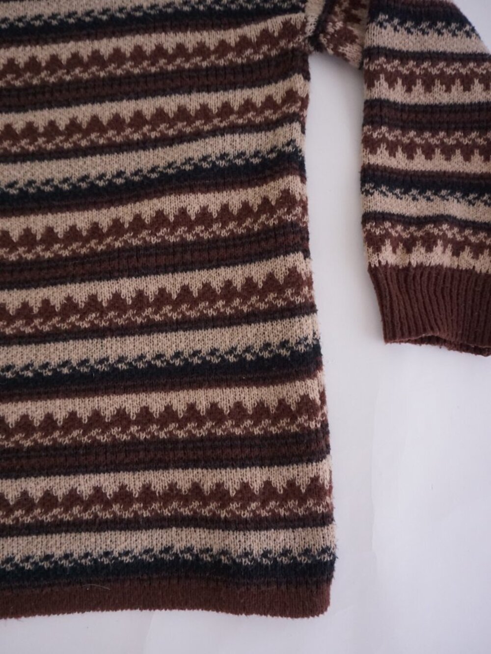 Vintage Brown Cream Nordic Fair Isle Stripe Fisherman Cabin Knit Sweater L - Picture 6 of 10